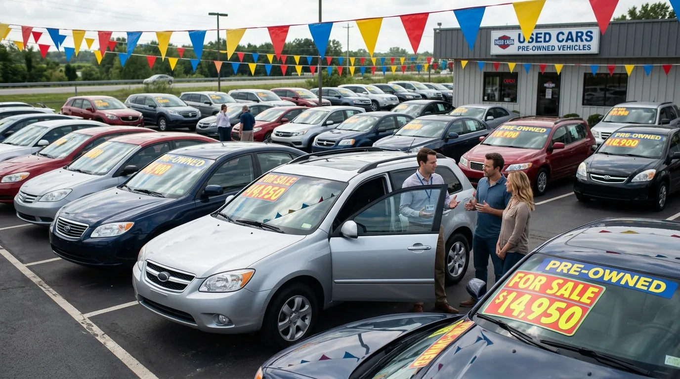 Buyers talking with a salesperson beside a silver SUV on a used car lot
